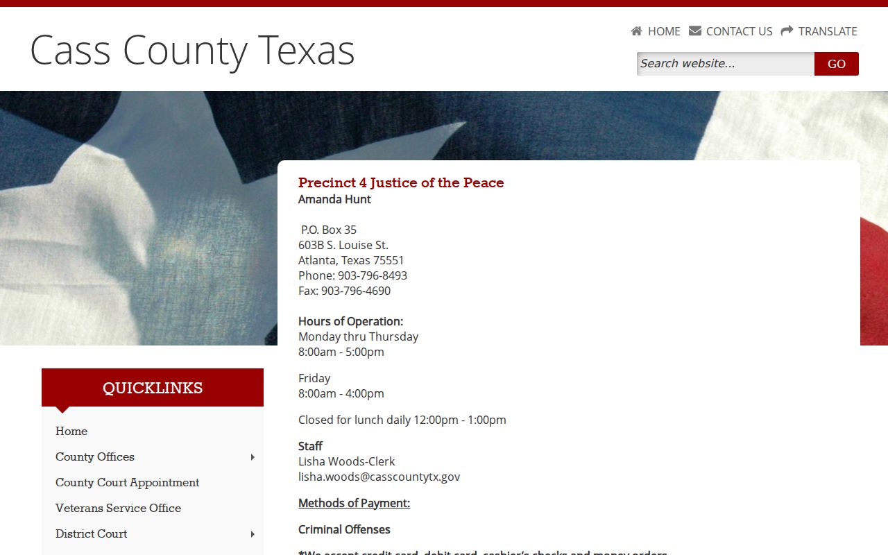 Cass County Justice Court Precinct 4 Atlanta area contact information