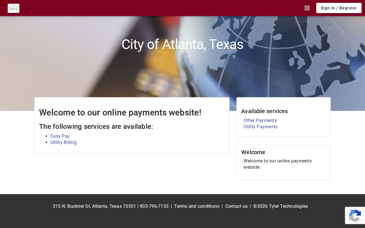 Atlanta city online payment page showing the visible municipal service scope